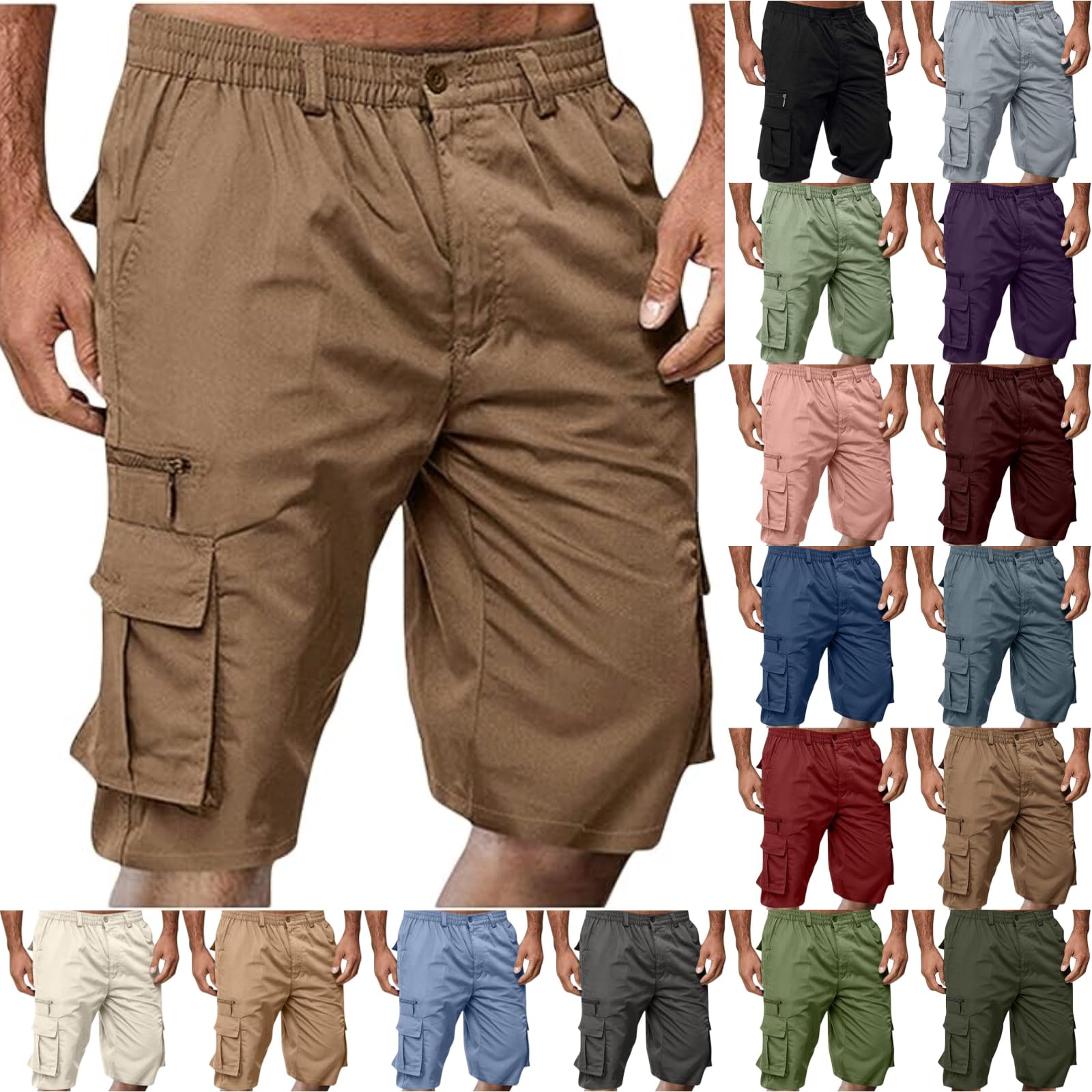 Cargo Shorts for Men Casual Summer Hiking Pants Elastic Waist Big and Tall Knee Length Multi-Pockets Bermuda Shorts